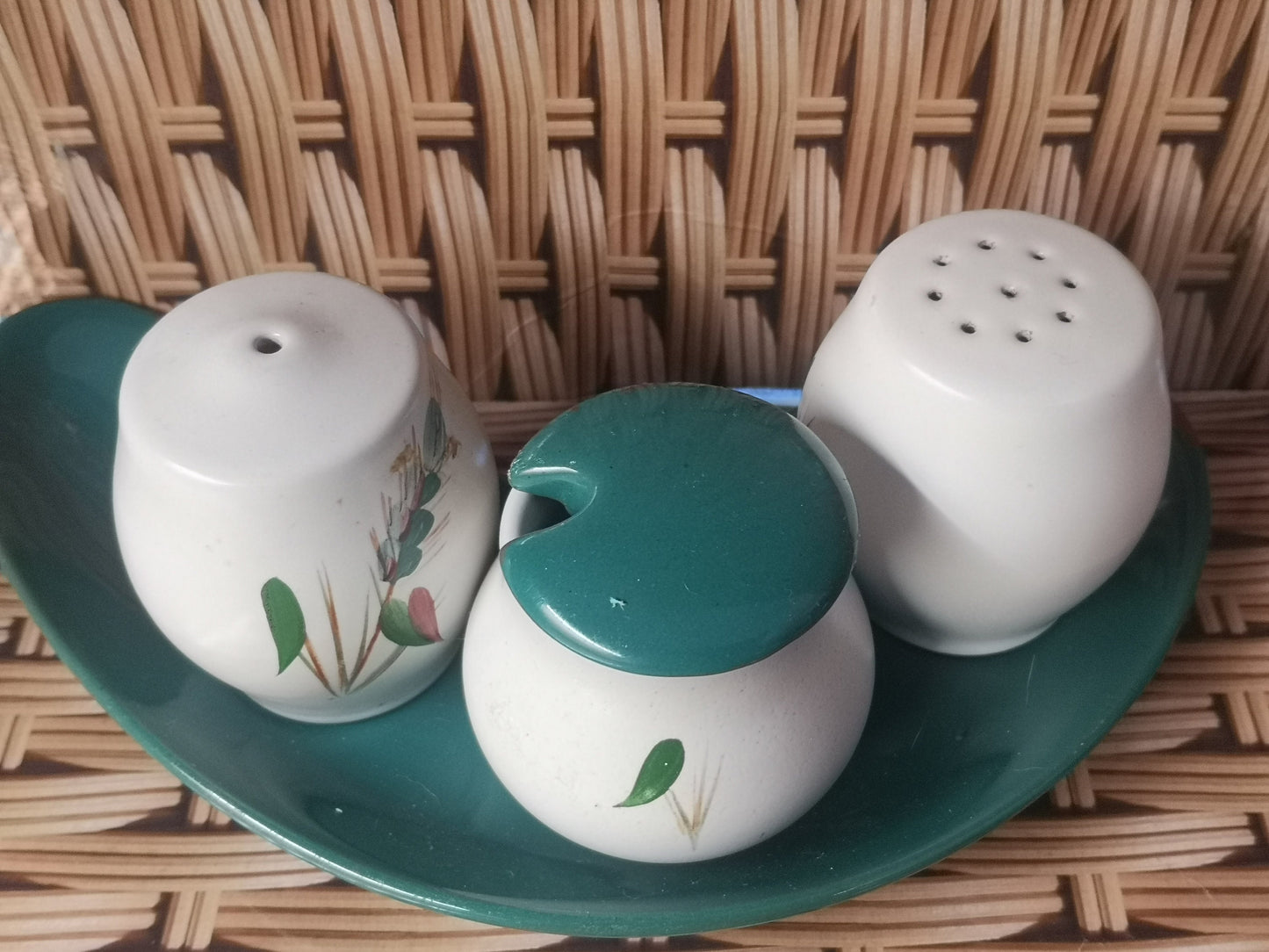 Denby pottery 'Greenwheat' cruet set with mustard pot in a tray