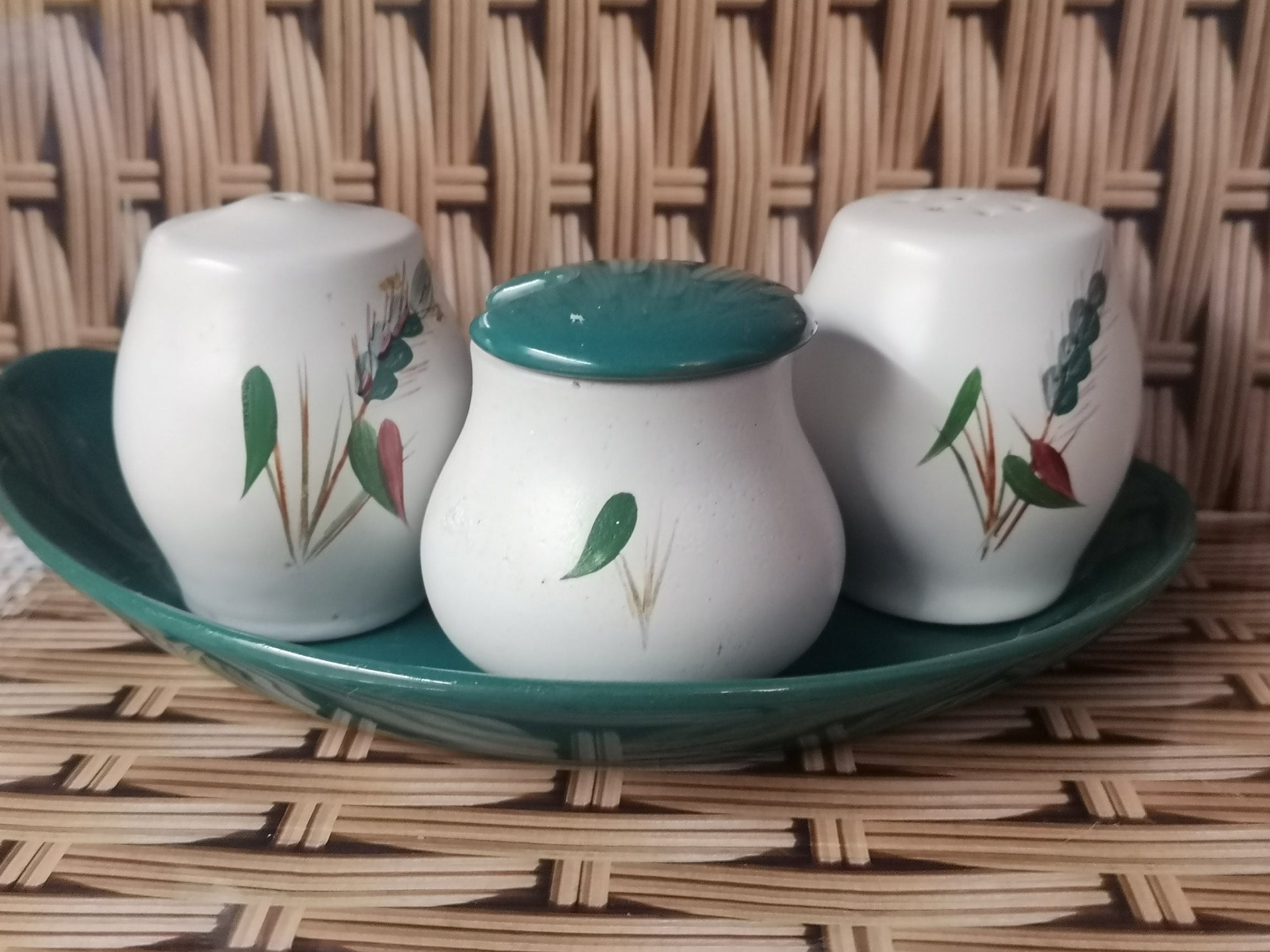 Denby pottery 'Greenwheat' cruet set with mustard pot in a tray