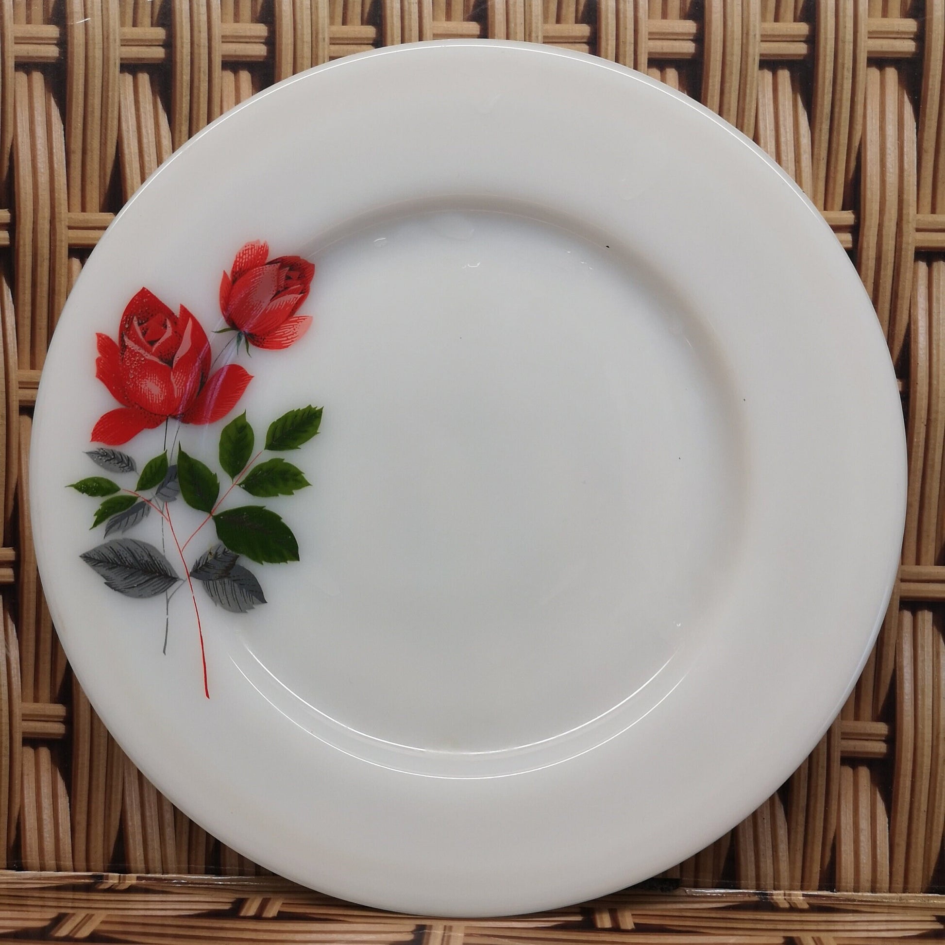 JAJ Pyrex red rose design side plate 6.5" diameter