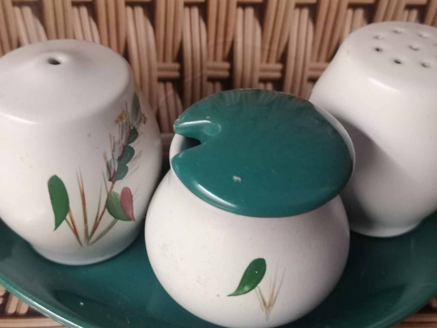 Denby pottery 'Greenwheat' cruet set with mustard pot in a tray