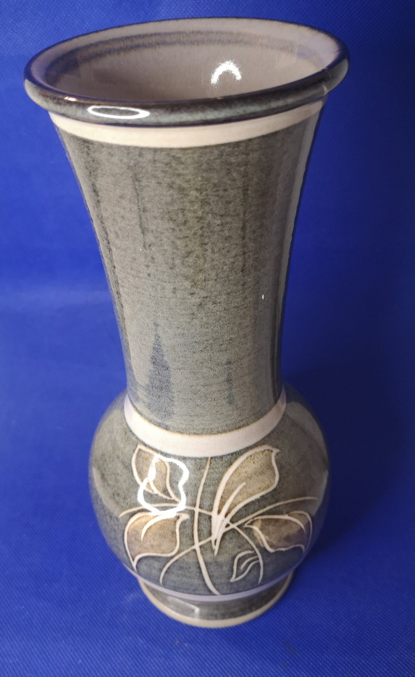 Vintage Denby Pottery Trumpet Vase 'fresco' Leaf Pattern Stoneware 1970'