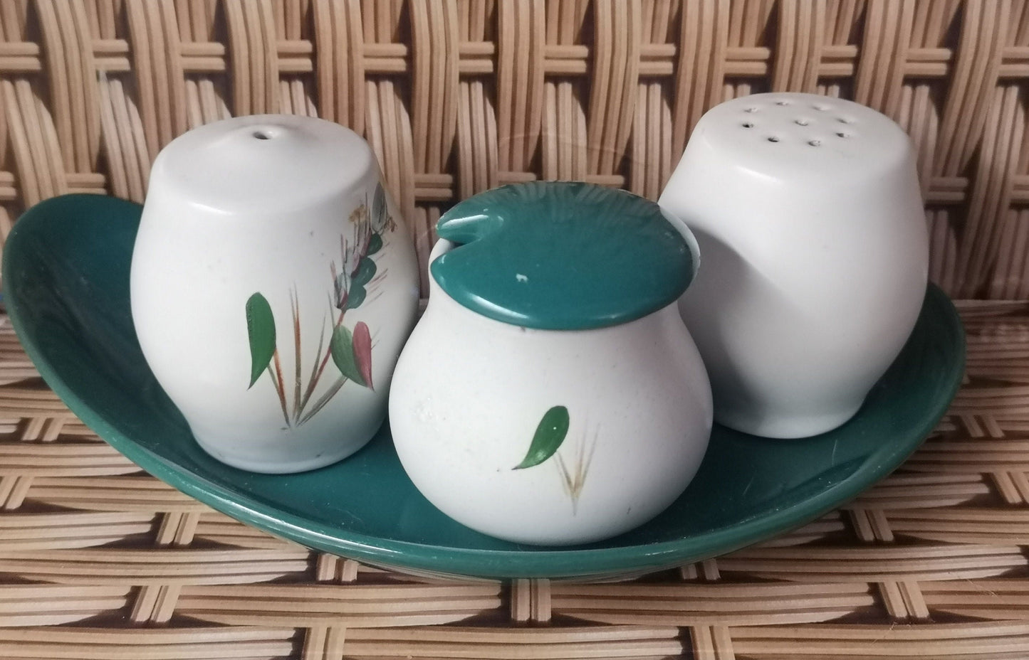 Denby pottery 'Greenwheat' cruet set with mustard pot in a tray