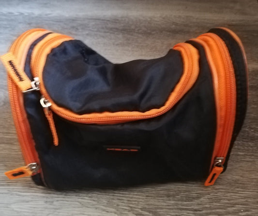 Head canvas wash bag - Black and orange - with hook for hanging