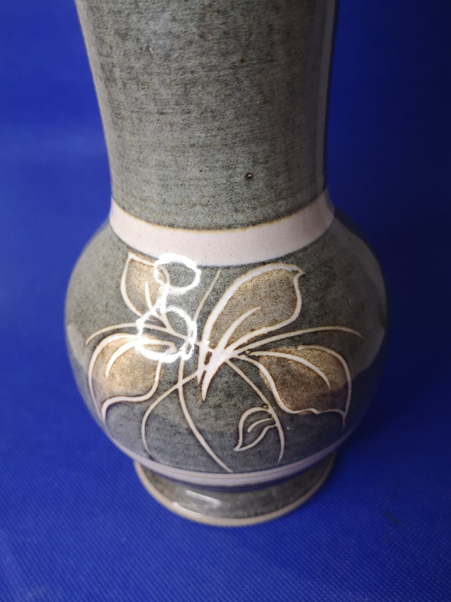 Vintage Denby Pottery Trumpet Vase 'fresco' Leaf Pattern Stoneware 1970'