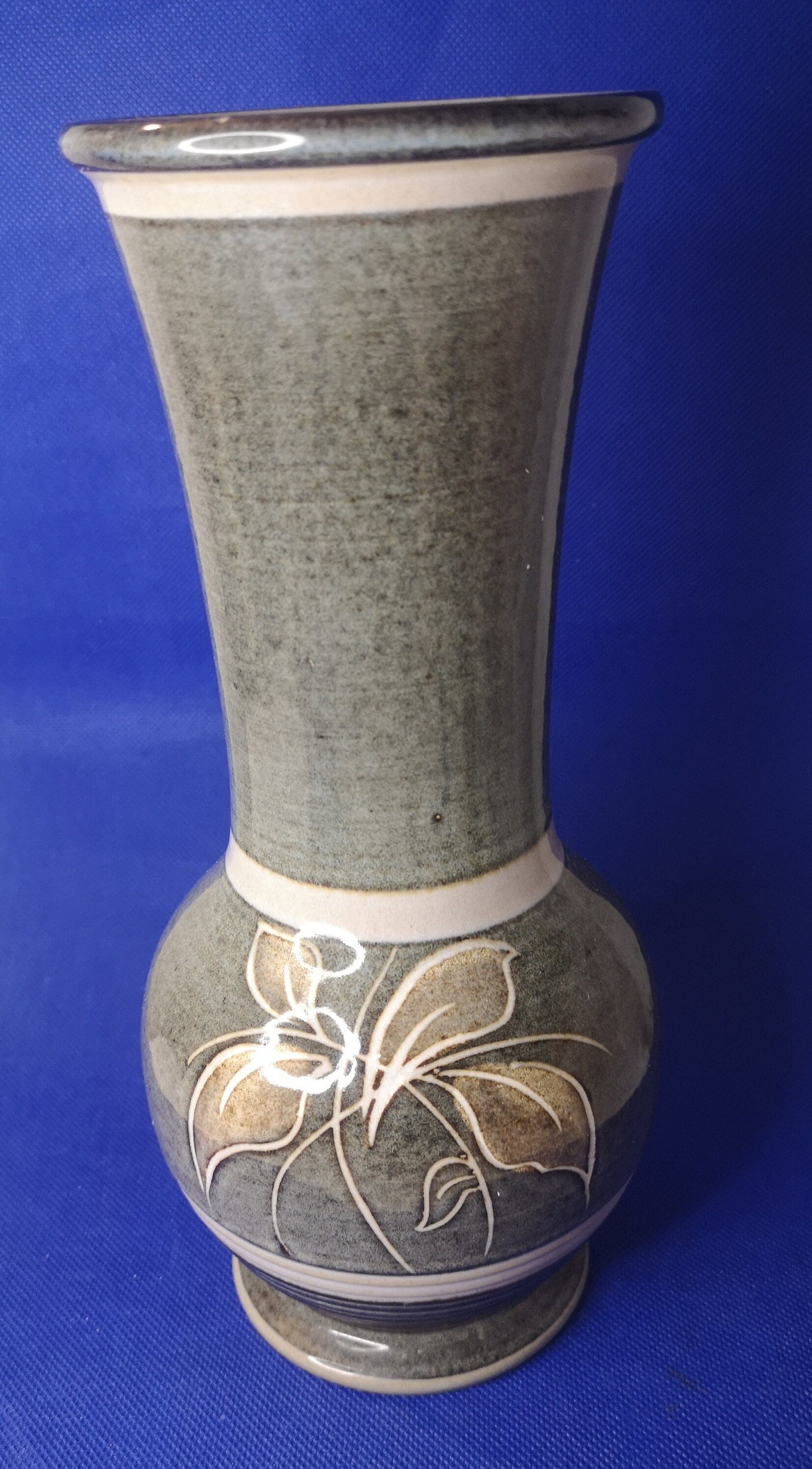 Vintage Denby Pottery Trumpet Vase 'fresco' Leaf Pattern Stoneware 1970'