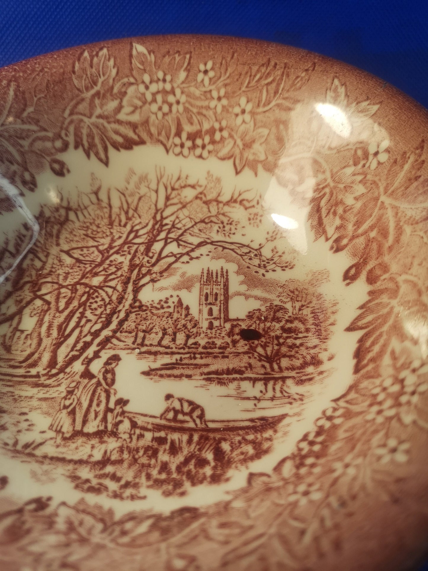 English ironstone Tableware pink red church scene 16.5cm bowl