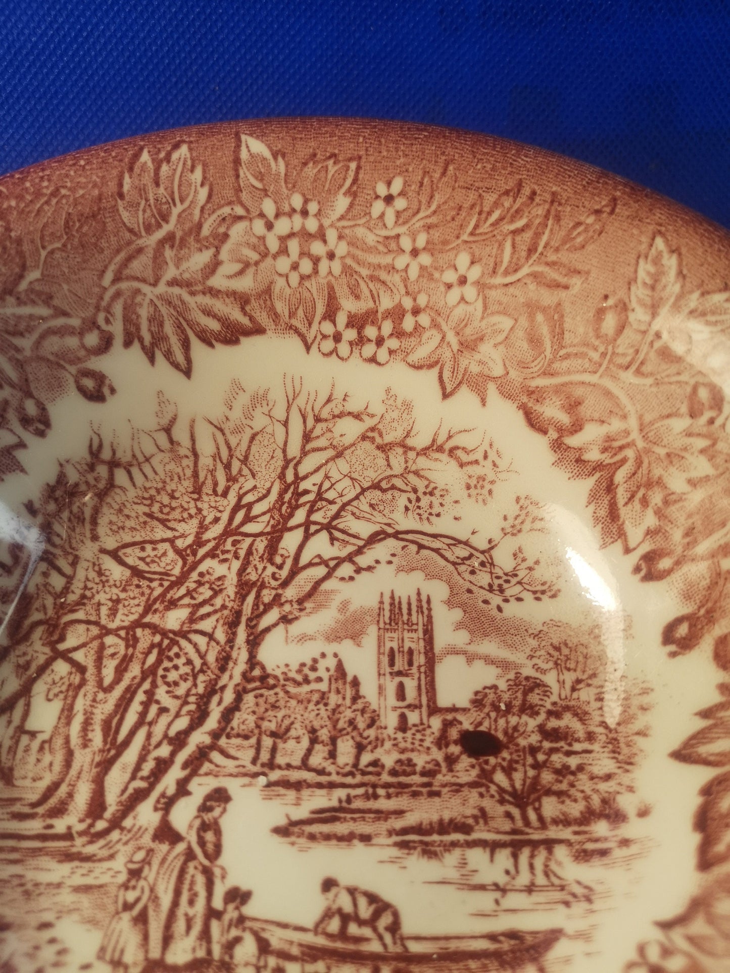 English ironstone Tableware pink red church scene 16.5cm bowl