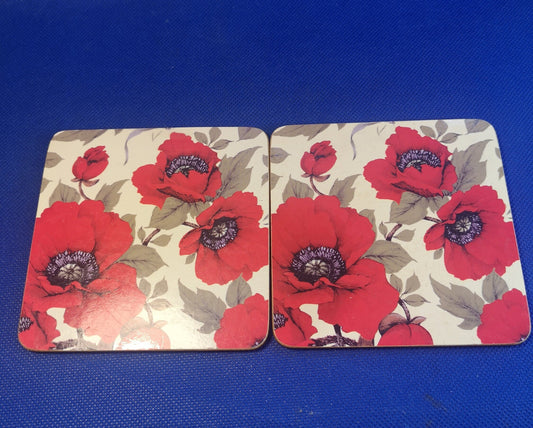 2 poppy drinking coasters 10.5cm square