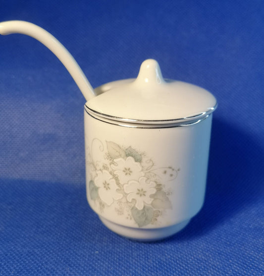 Brazilian 'real' mustard or jam pot complete with spoon white blossom design 5.5cm tall