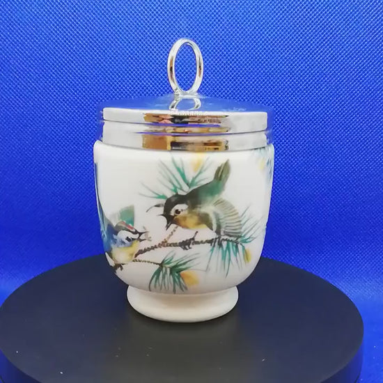 Royal Worcester porcelain egg coddler large, 2 egg finches and Wren pattern