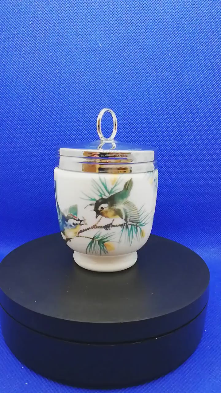 Royal Worcester porcelain egg coddler large, 2 egg finches and Wren pattern