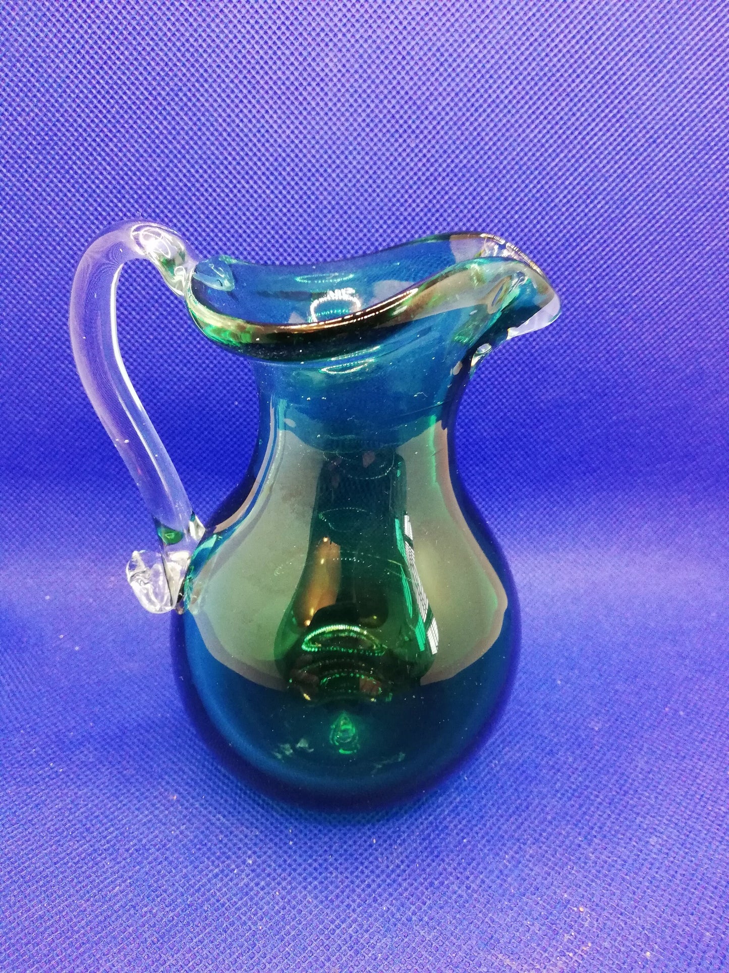 Green glass jug 4" tall with clear glass handle - mid 20th century