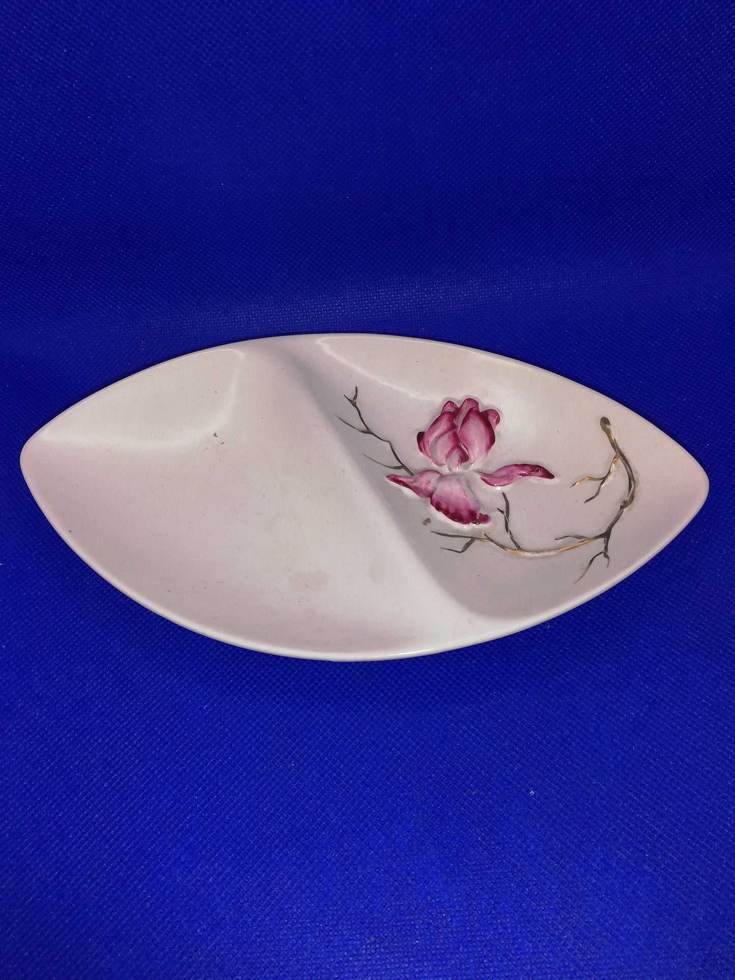 Carltonware handpainted oval footed dish with divide - Iris design