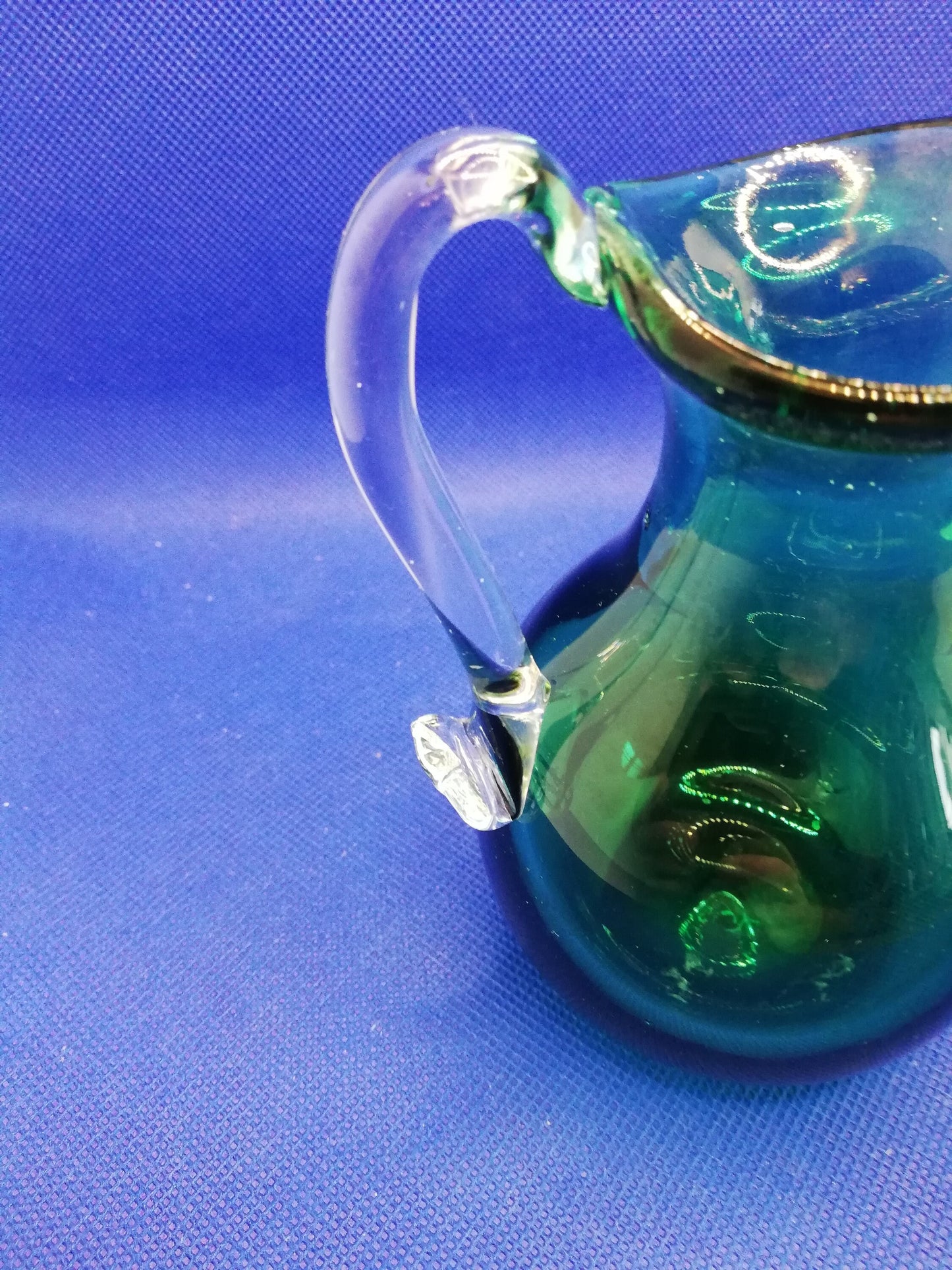 Green glass jug 4" tall with clear glass handle - mid 20th century