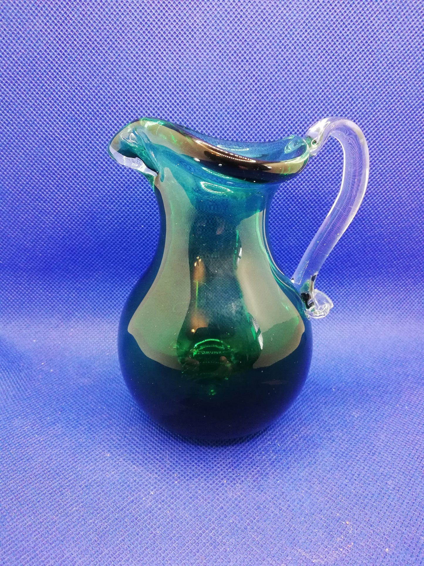 Green glass jug 4" tall with clear glass handle - mid 20th century