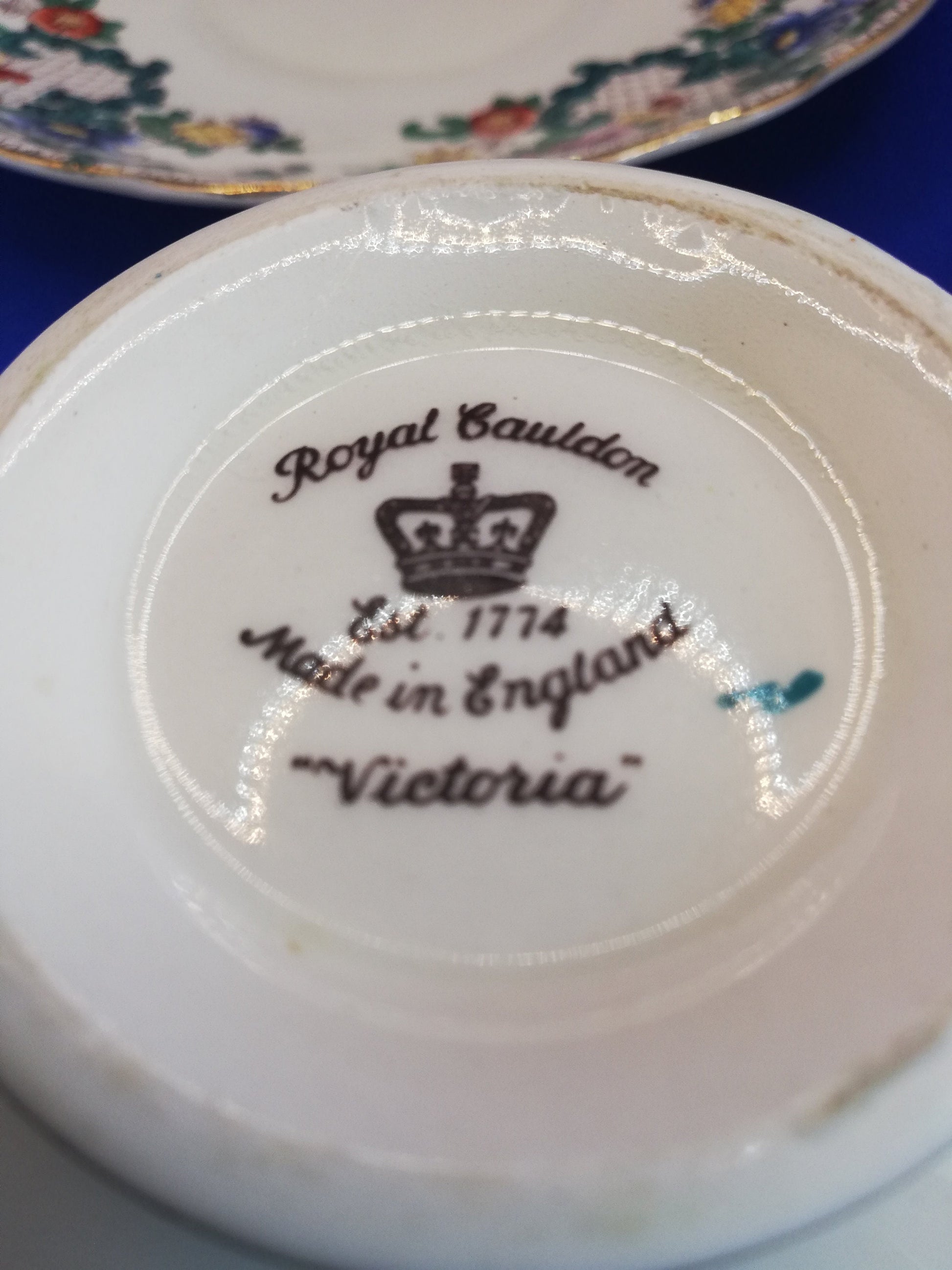 Royal Couldon Soup bowl and saucer in the Victoria pattern