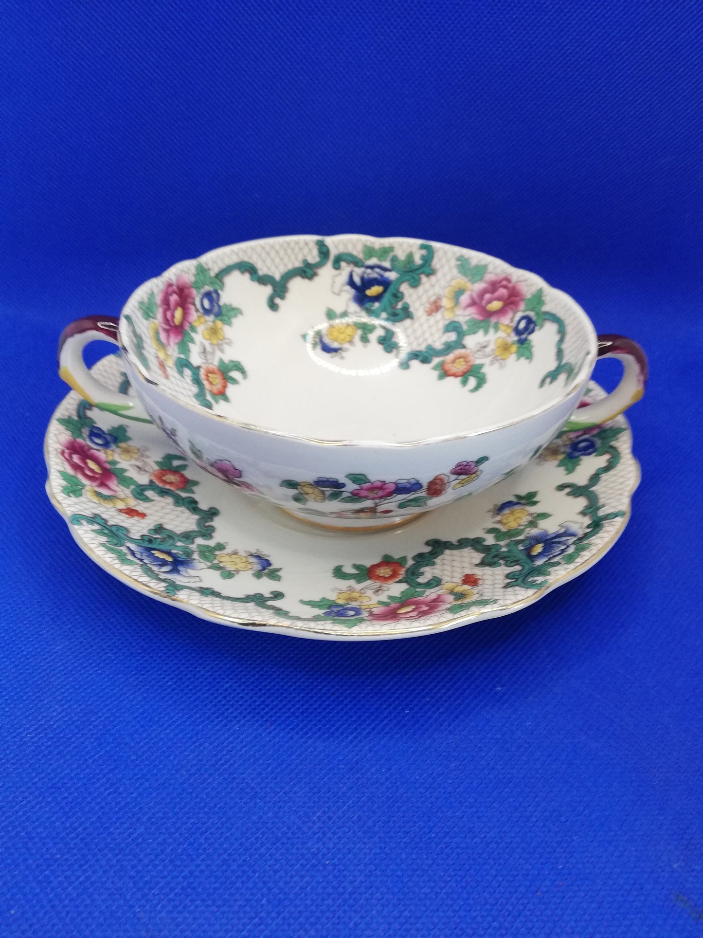 Royal Couldon Soup bowl and saucer in the Victoria pattern