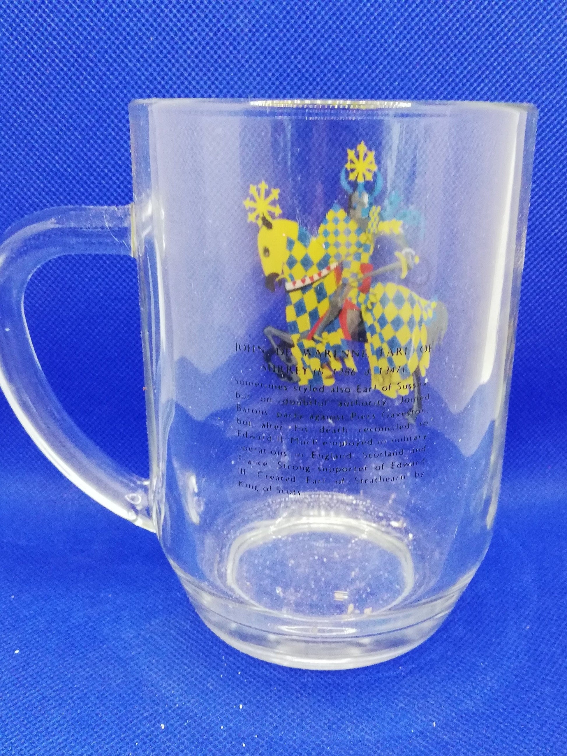 Handled beer glass celebrating Jo-De-Warenne pressed glass made in france