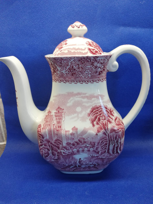 Enoch Wedgwood red and white river scene coffee pot, hand engraved and under glazed