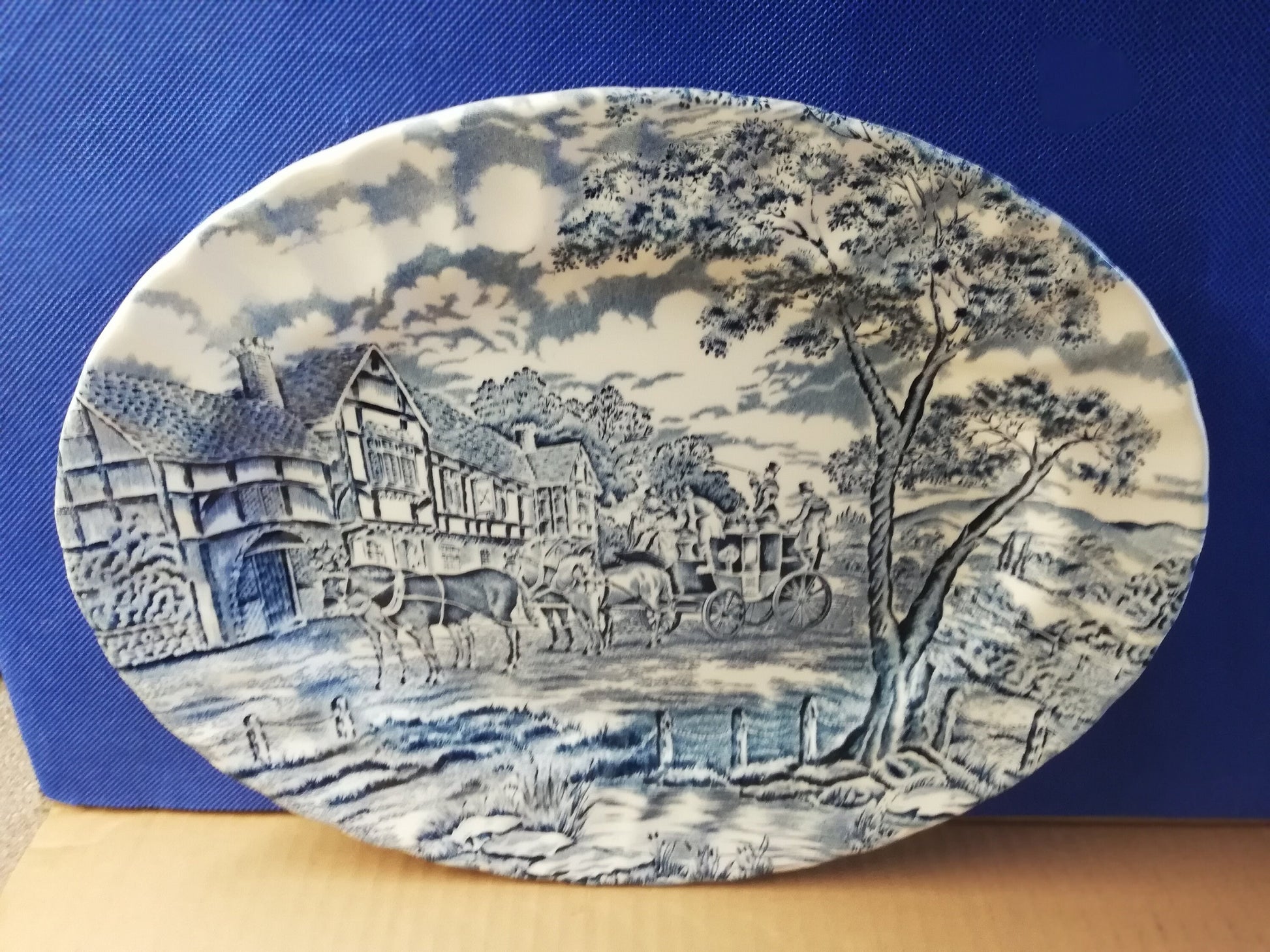 Royal Wessex blue and white coach house scene oval serving plate