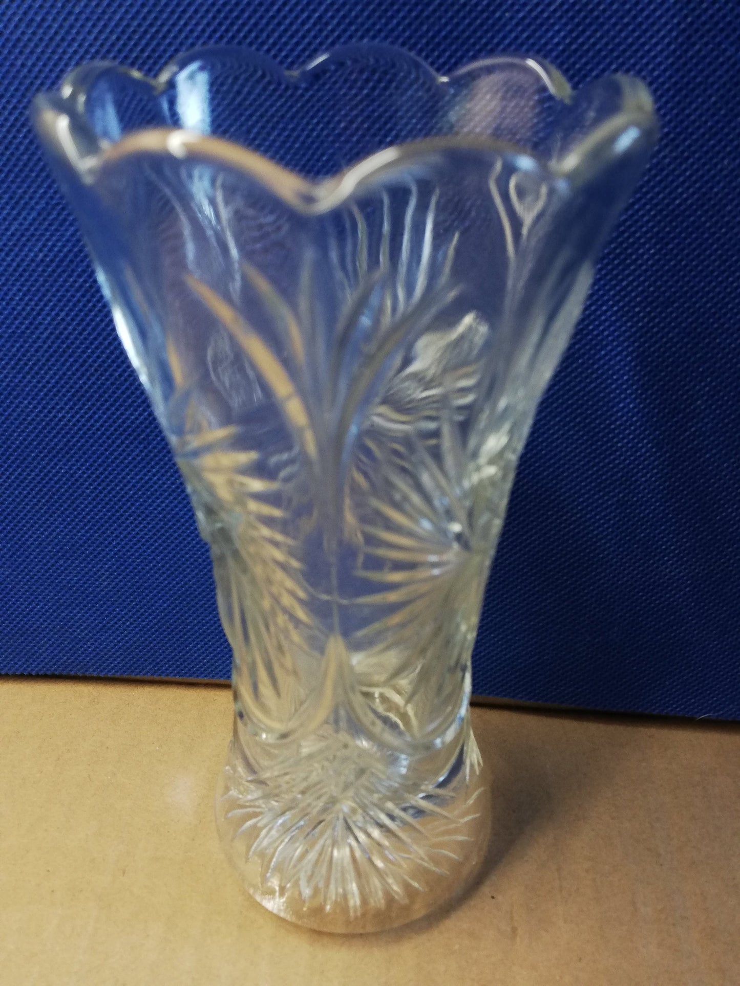 Glass vase with scalloped top 6" tall