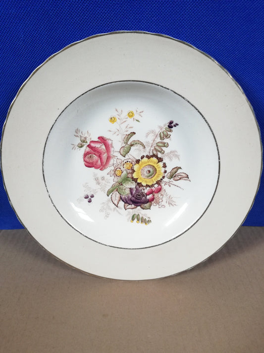 Mason's ironstone floral pattern plate with mushroom coloured edge to rim 9"